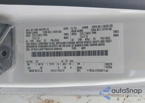 2017 Ford Escape S из США, поврежденный, VIN 1FMCU0F76HUC30910